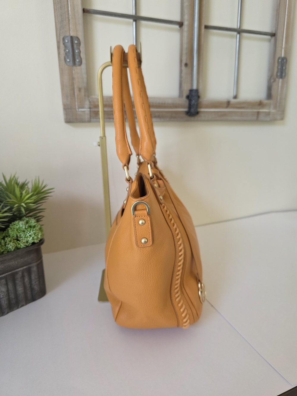 Lodis Texas Leather Sutton Tote Nectarine Woven Stitch Shoulder Bag - Picture 5 of 12
